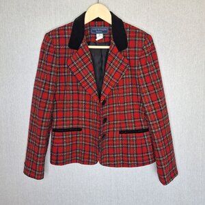 💙 Vintage 90s Tartan Wool Blend Blazer Velvet Collar Size 8 Red Plaid Preppy Ja